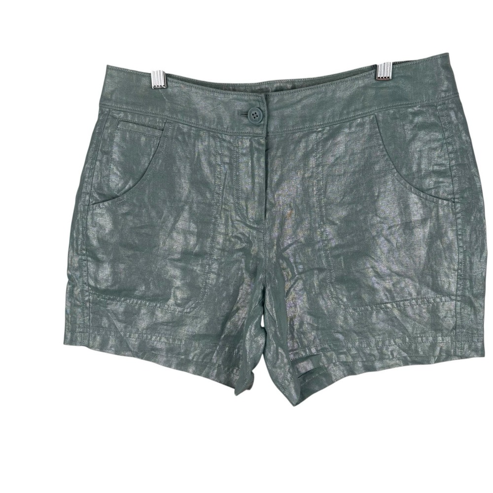 Tommy Bahama 100% Linen Ferrin Foil Shorts Womens 6 Aqua Preppy Resort Beach‎